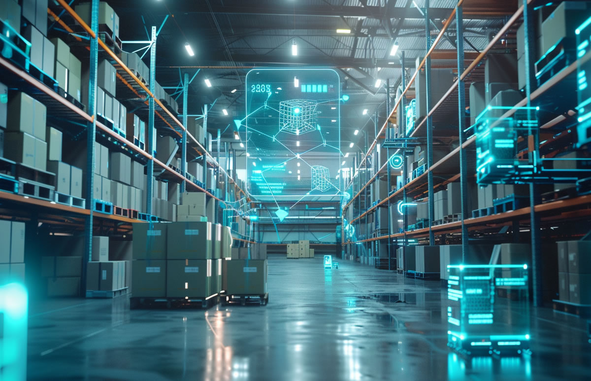 Warehouse met geautomatiseerde logistiek en data overlay