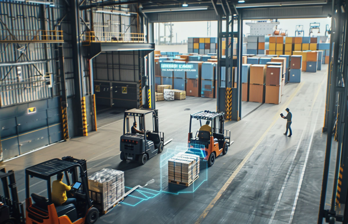 Warehouse met geautomatiseerde logistiek en data overlay