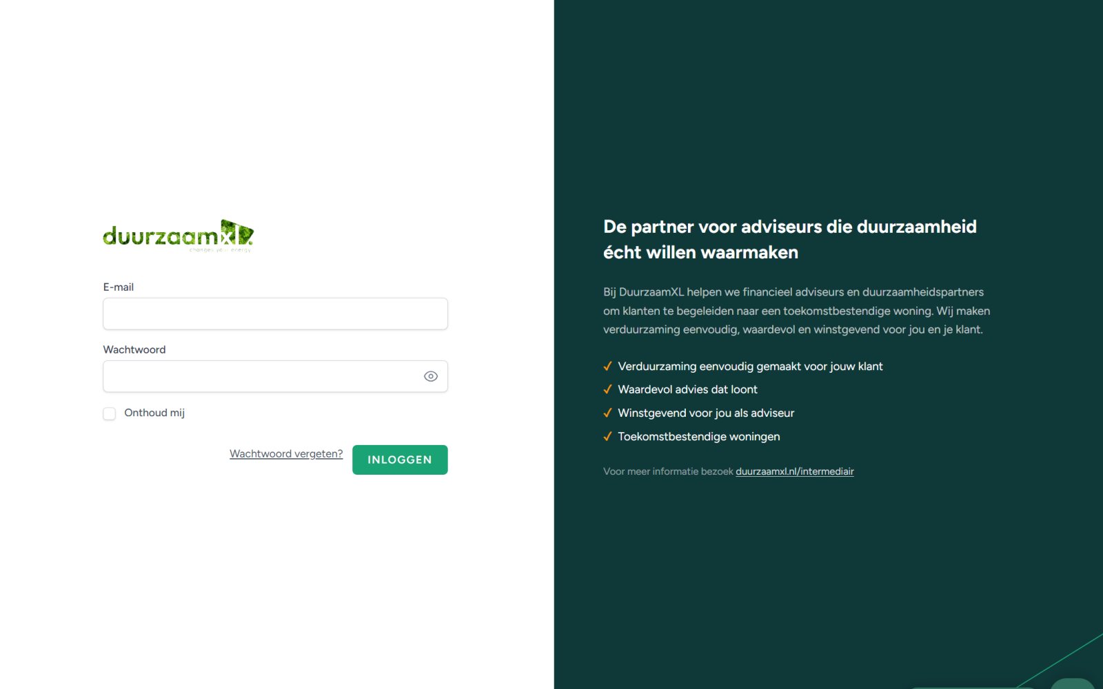 Inlogscherm van het DuurzaamXL-portaal voor intermediairs