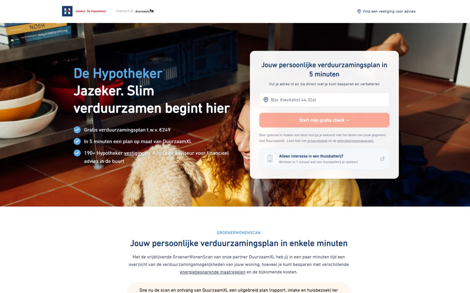Verduurzamingsscan van De Hypotheker, powered by DuurzaamXL, met adresinvoer en de knop Start mijn gratis check