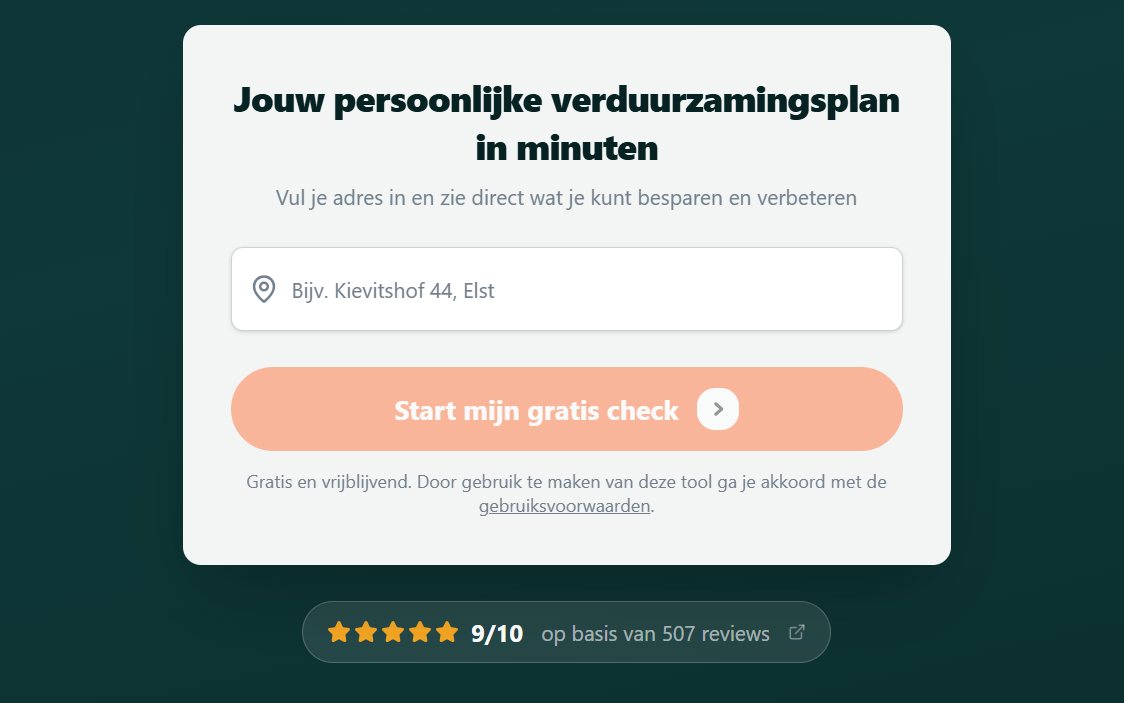 Adresinvoer van de verduurzamingsscan in een groene huisstijl, met de knop Start mijn gratis check