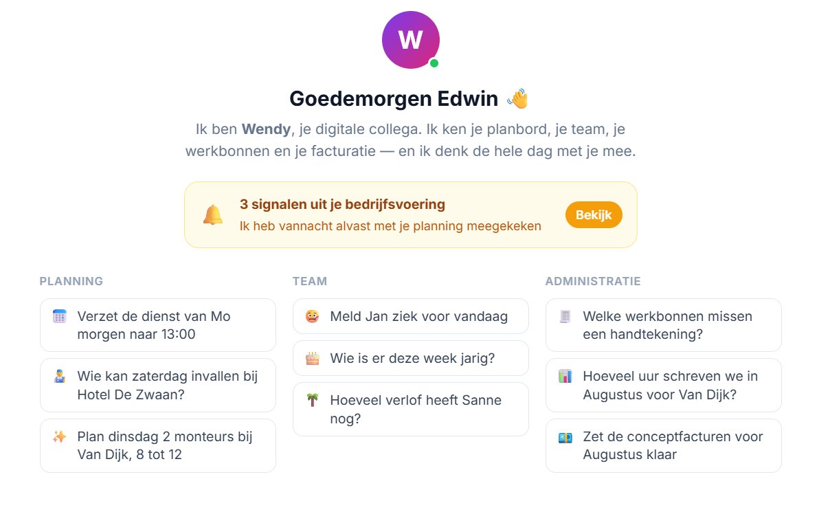 Startscherm van een digitale assistent met signalen en voorbeeldvragen over planning, team en administratie