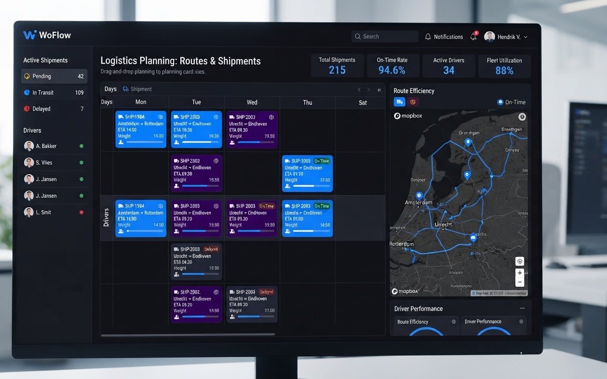 Planningsdashboard met zendingen per dag, chauffeurs en een routekaart van Nederland