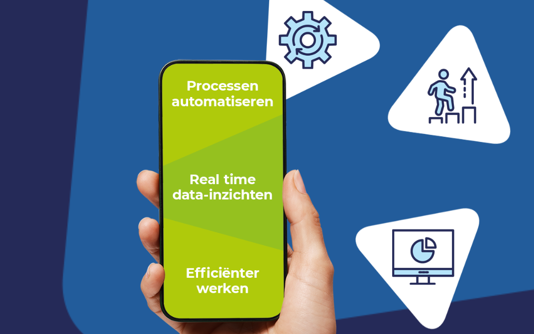 Telefoon in een hand met drie voordelen van automatiseren, op een blauwe achtergrond met iconen