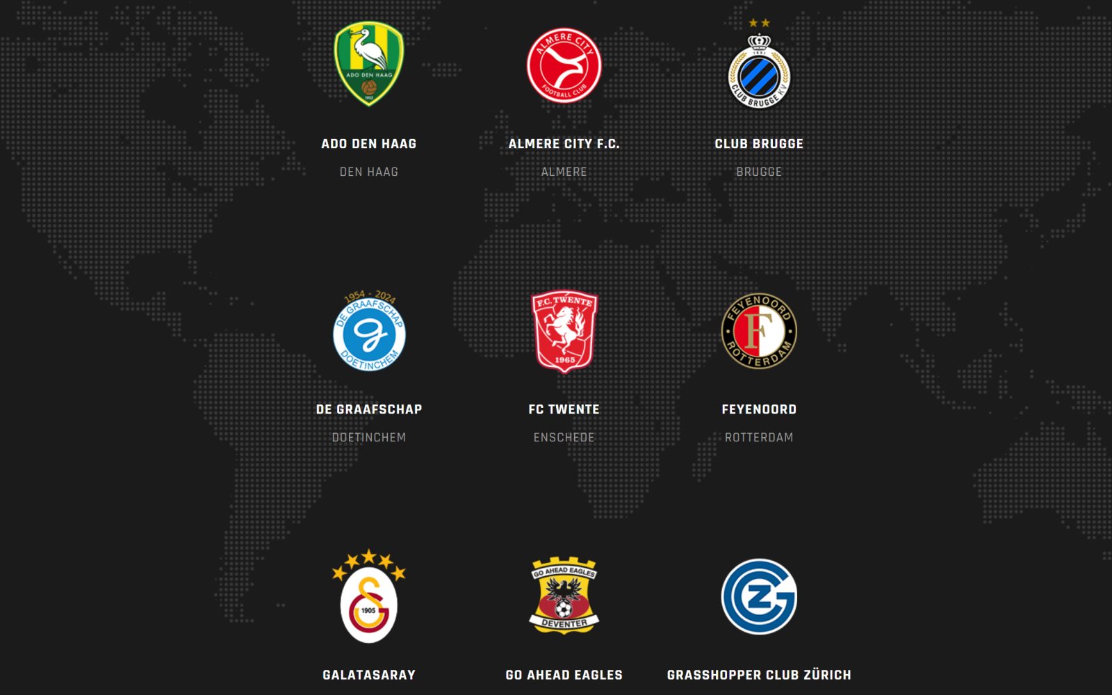 Overzicht van de aangesloten profclubs met hun clubwapen, op een donkere wereldkaart
