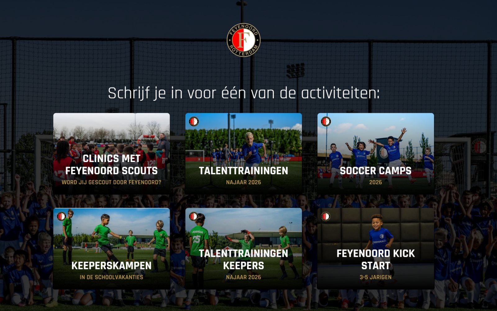 Inschrijfpagina van Feyenoord met zes activiteiten, van clinics met Feyenoord Scouts tot keeperskampen