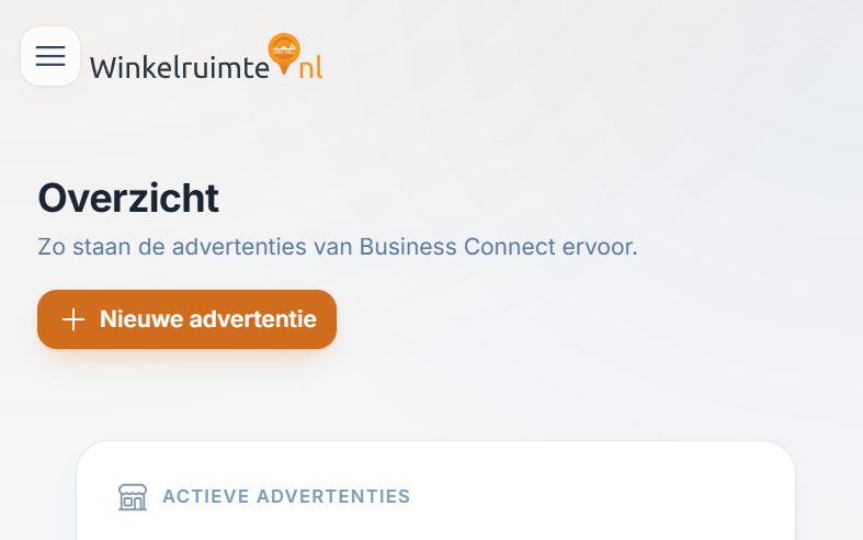 Overzichtsscherm van Winkelruimte.nl op een telefoon met de knop Nieuwe advertentie