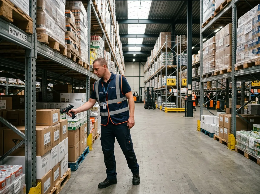 Magazijnmedewerker scant voorraad in een groothandelsmagazijn